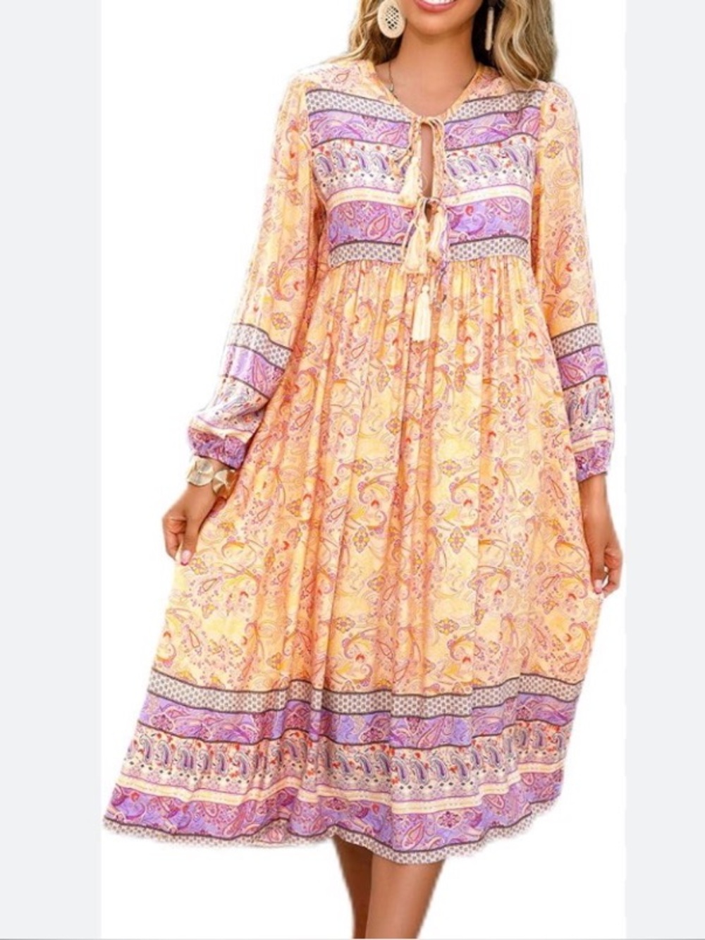R. Vivimos Womens Tie Up Neck Long Sleeve Floral Tassel Bohemian Midi Dress L - Picture 2 of 8